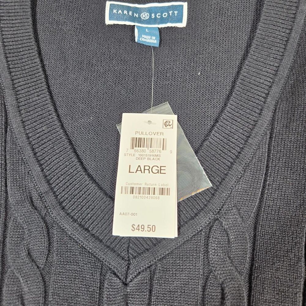 Karen Scott Womens Sweater Vest L Black Cable Knit V-Neck Pullover NWT - Picture 3 of 6